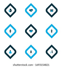 Mothers day icon colored design concept. Set of 9 such elements as baby, pregnancy and shape. Beautiful symbols for woman, mother and baby.