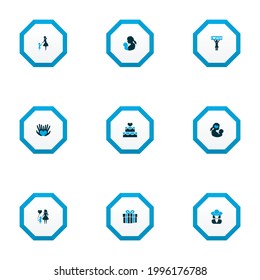 Mothers day icon colored design concept. Set of 9 such elements as birthday, placard and palms. Beautiful symbols for woman, baby and mother.