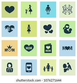 Mothers day icon design concept. Set of 16 such elements as mom, soul and protect. Beautiful symbols for heart, mother and love.