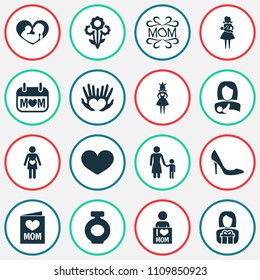 Mothers day icon design concept. Set of 16 such elements as mother's day, heeled shoes and kid. Beautiful symbols for mother, heart and love.