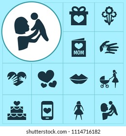Mothers day icon design concept. Set of 12 such elements as lips, loving and woman. Beautiful symbols for heart, love and hand.