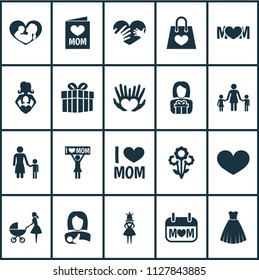 Mothers day icon design concept. Set of 20 such elements as parcel, present and bouquet. Beautiful symbols for mother, heart and love.