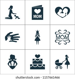 Mothers day icon design concept. Set of 9 such elements as post card, palms and design. Beautiful symbols for mother, heart and infant.