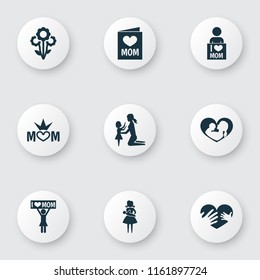 Mothers day icon design concept. Set of 9 such elements as queen, loving and baby. Beautiful symbols for mother, love and mom.