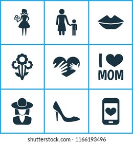 Mothers day icon design concept. Set of 9 such elements as i love mom, smartphone and bouquet. Beautiful symbols for heart, flower and love.