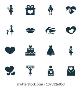 Mothers day icon design concept. Set of 16 such elements as heart, protect and palms. Beautiful symbols for heart, love and soul.