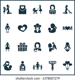 Mothers day icon design concept. Set of 20 such elements as mother, text and family. Beautiful symbols for mother, baby and heart.