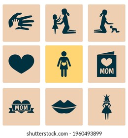 Mothers day icon design concept. Set of 9 such elements as lips, relations and heart. Beautiful symbols for heart, love and mother.