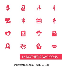 Mothers Day Icon Design Concept. Set Of 16 Such Elements As Gift To Mother, Invitation And Missus. Beautiful Symbols For Princess, Palm And Queen.