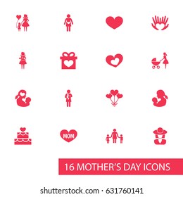 Mothers Day Icon Design Concept. Set Of 16 Such Elements As Missus, Soul And Text. Beautiful Symbols For Headgear, Palm And Mom.
