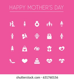Mothers Day Icon Design Concept. Set Of 20 Such Elements As Package, Newborn Baby And Pastry. Beautiful Symbols For Heeled, Pastry And Bag.