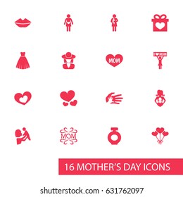 Mothers Day Icon Design Concept. Set Of 16 Such Elements As Heart, Kid And Present. Beautiful Symbols For Newborn, Decoration And Pregnant.