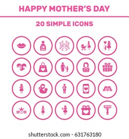 Mothers Day Icon Design Concept. Set Of 20 Such Elements As I Love Mom, Package And Woman. Beautiful Symbols For Son, Flower And Shopping.