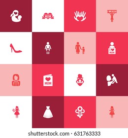 Mothers Day Icon Design Concept. Set Of 16 Such Elements As I Love Mom, Madame And Loving. Beautiful Symbols For Evening, Love And I.