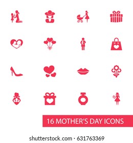 Mothers Day Icon Design Concept. Set Of 16 Such Elements As Nanny, Present And Stroller. Beautiful Symbols For Headgear, Bottle And Present.