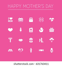 Mothers Day Icon Design Concept. Set Of 20 Such Elements As Hands, Decoration, Invitation. Beautiful Symbols For Love, Daughter And Balloon.