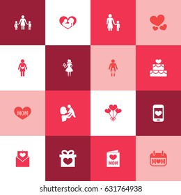 Mothers Day Icon Design Concept. Set Of 16 Such Elements As Invitation, People And Pregnancy. Beautiful Symbols For Holiday, Decoration And Screen.