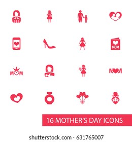 Mothers Day Icon Design Concept. Set Of 16 Such Elements As Fragrance, Design And Mom. Beautiful Symbols For Gift, Card And Screen.