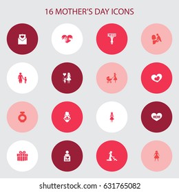 Mothers Day Icon Design Concept. Set Of 16 Such Elements As Kid, Hands, Stroller. Beautiful Symbols For Gift, Love And Care.