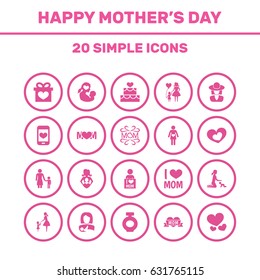 Mothers Day Icon Design Concept. Set Of 20 Such Elements As Protect, Mam And Fragrance. Beautiful Symbols For Infant, Woman And Fragrance.