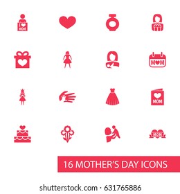 Mothers Day Icon Design Concept. Set Of 16 Such Elements As Holiday, Soul And Gift To Mother. Beautiful Symbols For Bouquet, Hand And Helping.