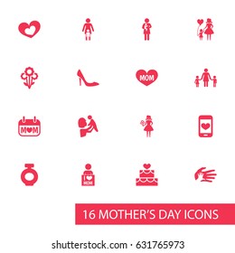 Mothers Day Icon Design Concept. Set Of 16 Such Elements As Newborn Baby, Child And Shape. Beautiful Symbols For Day, Love And Shoes.