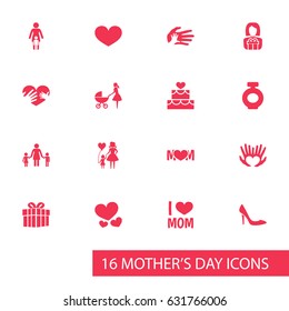 Mothers Day Icon Design Concept. Set Of 16 Such Elements As Hands, Emotion, Child. Beautiful Symbols For Ribbon, Fragrance And Heeled.