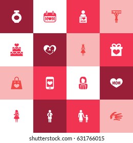Mothers Day Icon Design Concept. Set Of 16 Such Elements As Fragrance, Queen And Cellphone. Beautiful Symbols For Child, Baby And Perfume.
