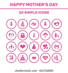 Mothers Day Icon Design Concept. Set Of 20 Such Elements As Child, Mother And Decoration. Beautiful Symbols For Princess, Lips And Palm.