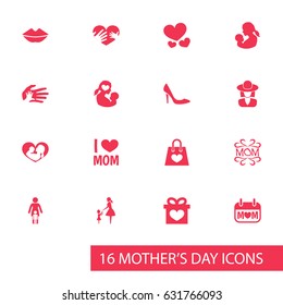 Mothers Day Icon Design Concept. Set Of 16 Such Elements As Stiletto, Lady And Relations. Beautiful Symbols For Heart, Care And Mam.