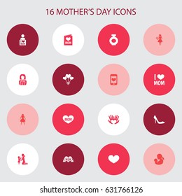 Mothers Day Icon Design Concept. Set Of 16 Such Elements As Daughter, Baby And Female. Beautiful Symbols For Gift, Flower And Card.