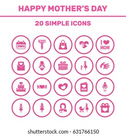 Mothers Day Icon Design Concept. Set Of 20 Such Elements As Pastry, Package And Design. Beautiful Symbols For Loving, Soul And Package.