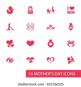 Mothers Day Icon Design Concept. Set Of 16 Such Elements As Fragrance, Mom And Baby. Beautiful Symbols For Mom, Person And Bottle.