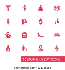 Mothers Day Icon Design Concept. Set Of 16 Such Elements As Invitation, Evening Gown And Loving. Beautiful Symbols For Flower, Care And Person.