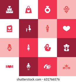 Mothers Day Icon Design Concept. Set Of 16 Such Elements As Pastry, Invitation And Missus. Beautiful Symbols For Perfume, Infant And Newborn.