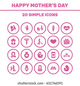 Mothers Day Icon Design Concept. Set Of 20 Such Elements As Missus, Woman And Soul. Beautiful Symbols For Gift, Queen And Kid.