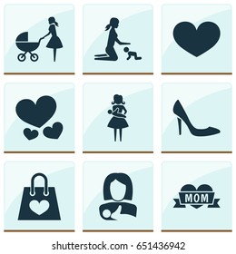 Mothers Day Icon Design Concept. Set Of 9 Such Elements As Soul, Mother And Stroller. Beautiful Symbols For Playing, Heeled And Stroller.