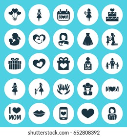 Mothers Day Icon Design Concept. Set Of 25 Such Elements As Baby, Shape And Lady. Beautiful Symbols For Ribbon, Children And Pastry.