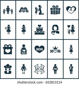Mothers Day Icon Design Concept. Set Of 20 Such Elements As Woman, Infant And Pregnancy. Beautiful Symbols For Children, Heart And Headgear.