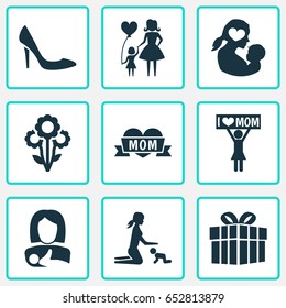 Mothers Day Icon Design Concept. Set Of 9 Such Elements As Loving, Protect And Stiletto. Beautiful Symbols For Child, I And Mom.