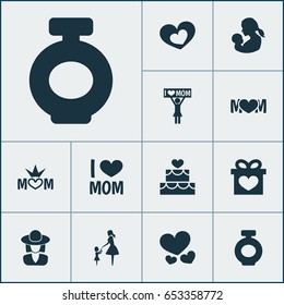 Mothers Day Icon Design Concept. Set Of 12 Such Elements As Shape, Pastry And Heart. Beautiful Symbols For Cake, Woman And Ribbon.