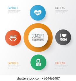 Mothers Day Icon Design Concept. Set Of 4 Such Elements As Emotion, Text And Palms. Beautiful Symbols For Present, Love And Palm.