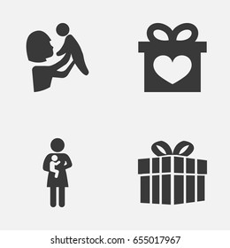 Mothers Day Icon Design Concept. Set Of 4 Such Elements As Gift, Present And Newborn Baby. Beautiful Symbols For Mother, Gift And Ribbon.