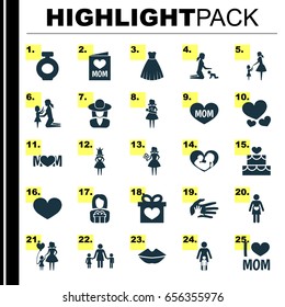 Mothers Day Icon Design Concept. Set Of 25 Such Elements As Relations, Playing And People. Beautiful Symbols For Balloon, Kiss And Cake.