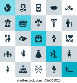 Mothers Day Icon Design Concept. Set Of 25 Such Elements As People, Madame And Female. Beautiful Symbols For Cake, Hat And Baby.