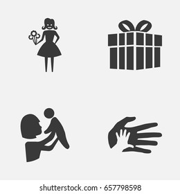 Mothers Day Icon Design Concept. Set Of 4 Such Elements As Kid, Woman And Gift. Beautiful Symbols For Palm, Gift And Hand.