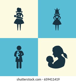 Mothers Day Icon Design Concept. Set Of 4 Such Elements As Queen, Baby And Mother. Beautiful Symbols For Baby, Mother And Care.