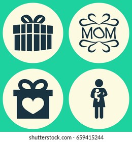 Mothers Day Icon Design Concept. Set Of 4 Such Elements As Present, Mam And Newborn Baby. Beautiful Symbols For Text, Mam And Baby.