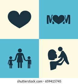 Mothers Day Icon Design Concept. Set Of 4 Such Elements As People, Design And Kid. Beautiful Symbols For Care, Mom And Love.