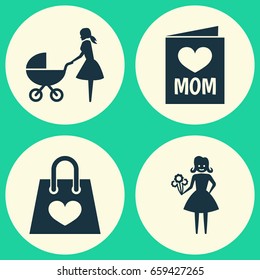 Mothers Day Icon Design Concept. Set Of 4 Such Elements As Package, Woman And Invitation. Beautiful Symbols For Bag, Heart And Baby.